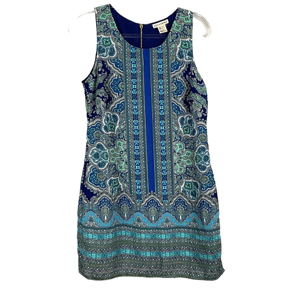 ARTISAN NY Sheath Shift Dress Blue Teal Medallion Paisley Print Mini sz 4 ART